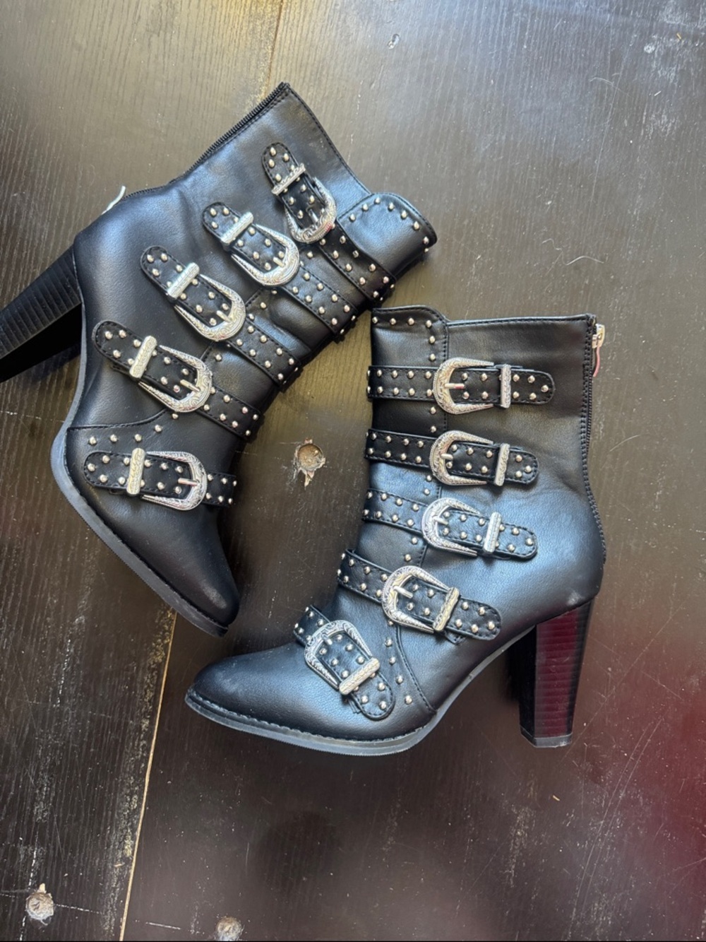 Women's Black Studded Buckle Ankle Booties - Picture 3 of 3